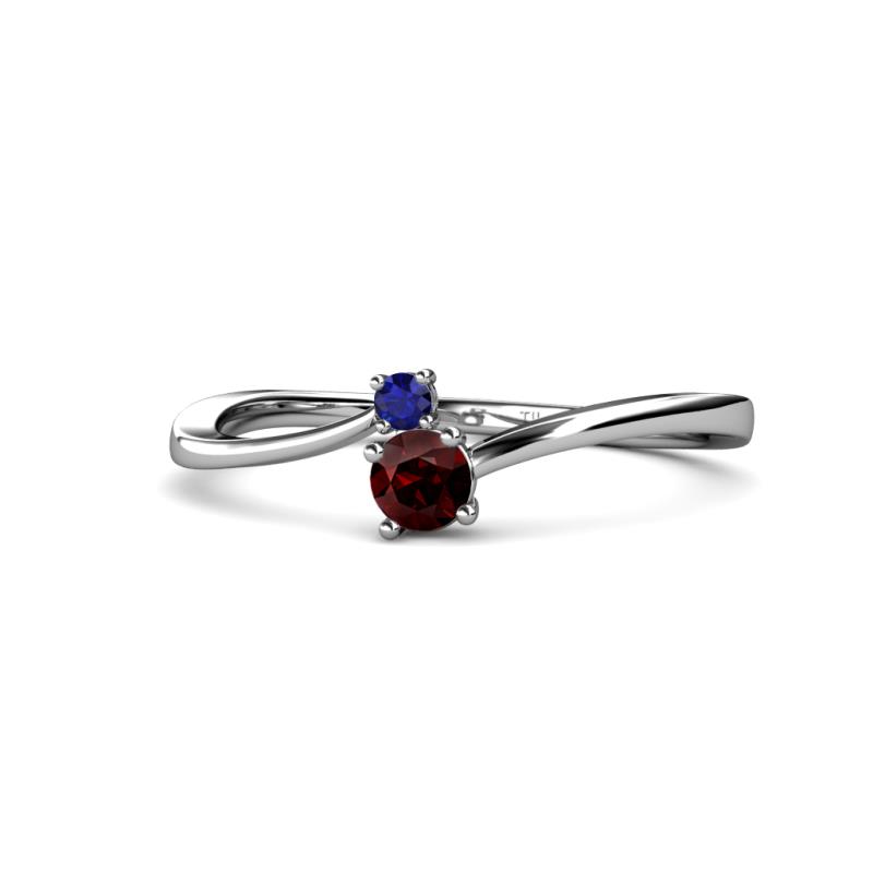 Lucie 4.10 mm Bold Round Blue Sapphire and Red Garnet 2 Stone Promise Ring 