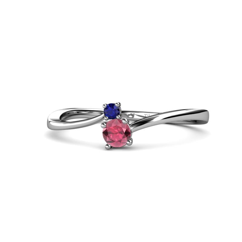 Lucie 4.10 mm Bold Round Blue Sapphire and Rhodolite Garnet 2 Stone Promise Ring 