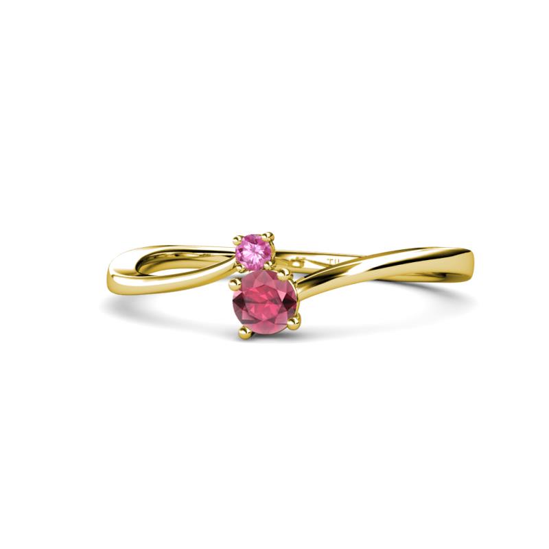 Lucie 4.10 mm Bold Round Pink Sapphire and Rhodolite Garnet 2 Stone Promise Ring 