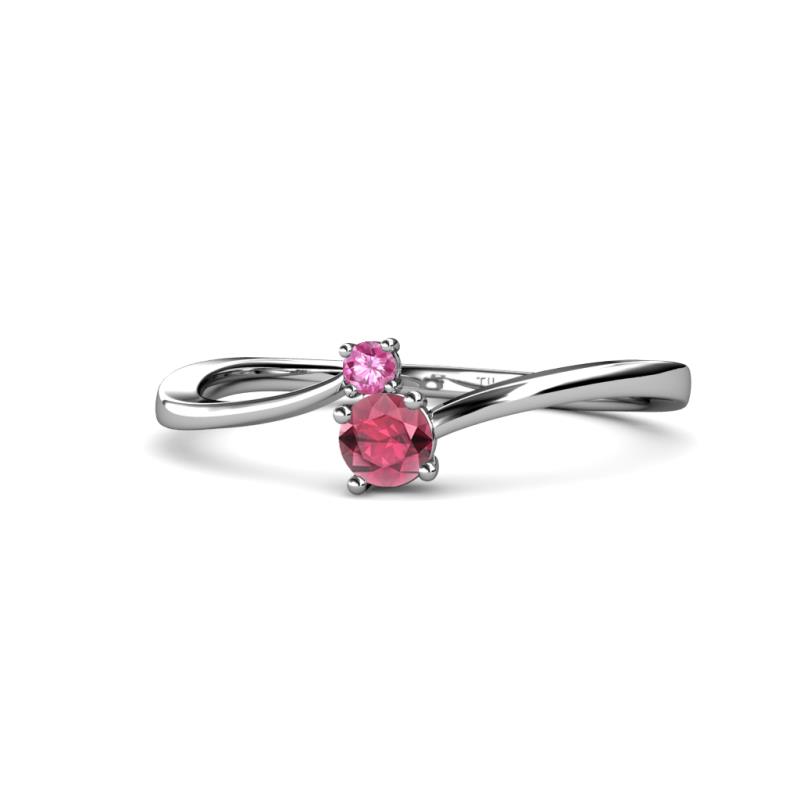 Lucie 4.10 mm Bold Round Pink Sapphire and Rhodolite Garnet 2 Stone Promise Ring 