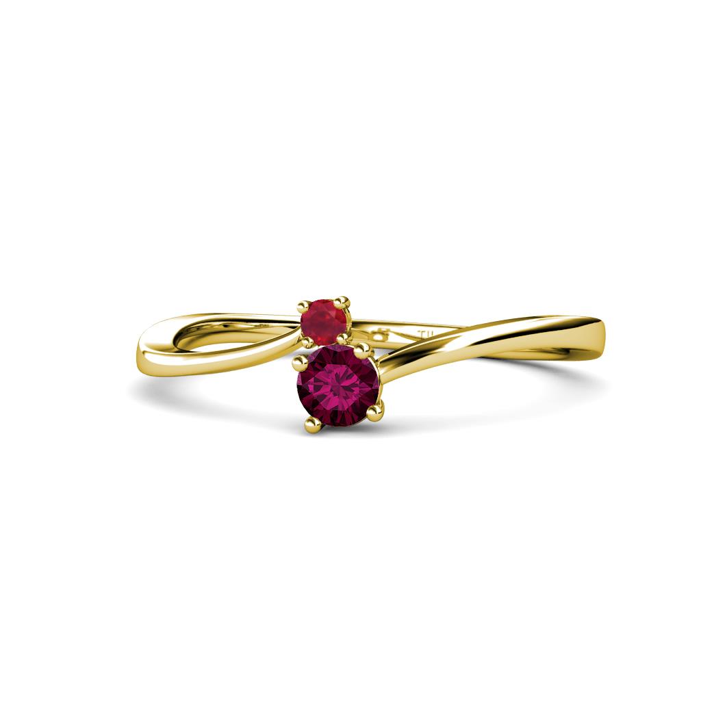 Lucie 4.10 mm Bold Round Ruby and Rhodolite Garnet 2 Stone Promise Ring 