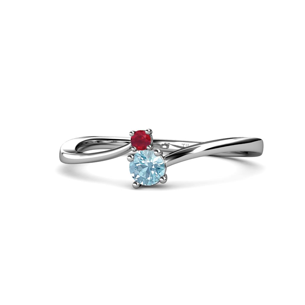 Lucie 4.10 mm Bold Round Ruby and Aquamarine 2 Stone Promise Ring 