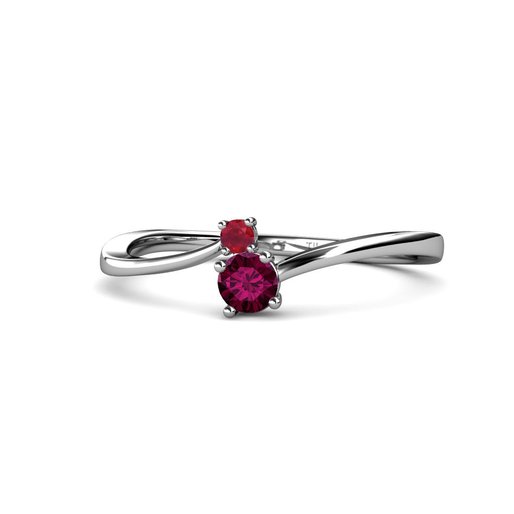 Lucie 4.10 mm Bold Round Ruby and Rhodolite Garnet 2 Stone Promise Ring 