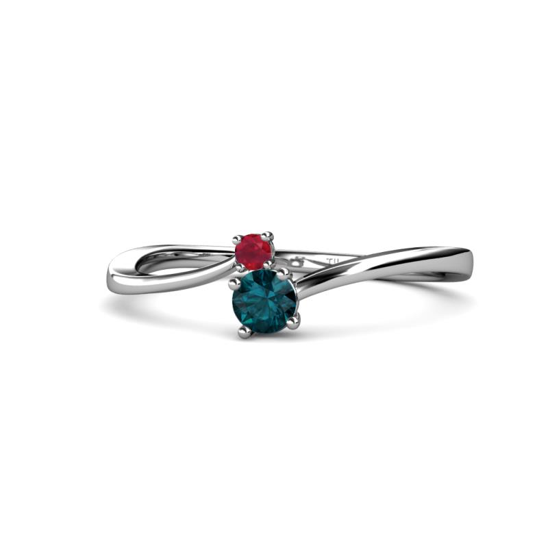 Lucie 4.10 mm Bold Round Ruby and London Blue Topaz 2 Stone Promise Ring 