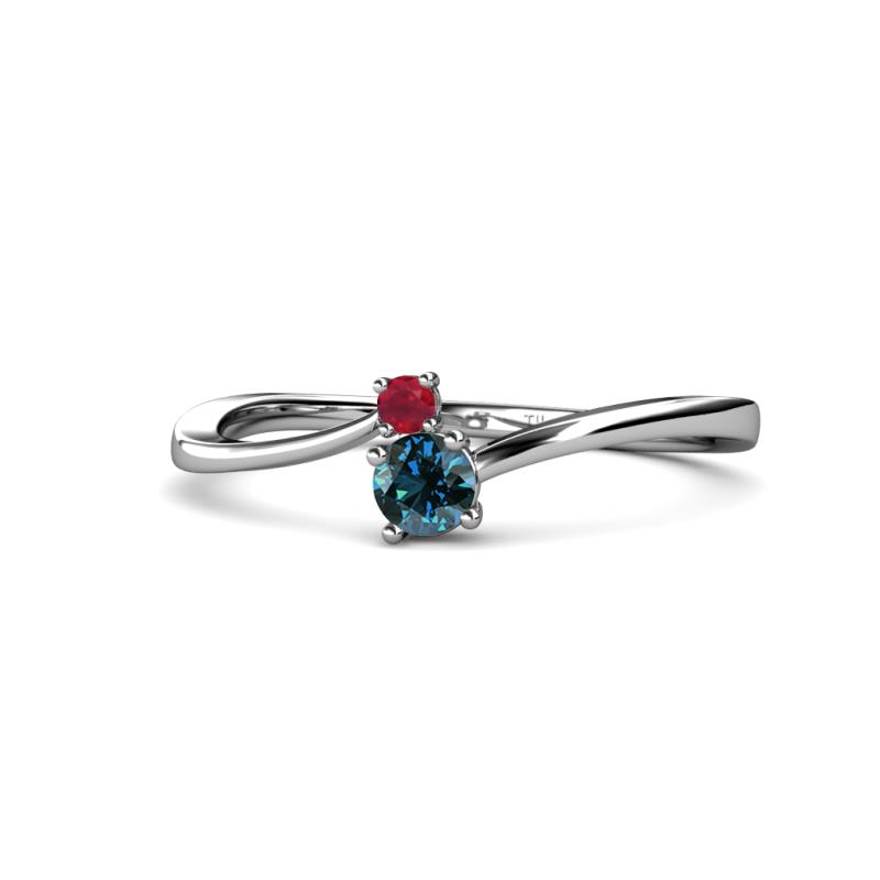 Lucie 4.10 mm Bold Round Ruby and Blue Diamond 2 Stone Promise Ring 