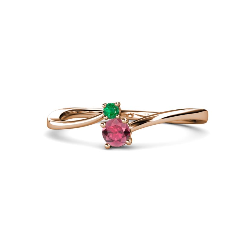 Lucie 4.10 mm Bold Round Emerald and Rhodolite Garnet 2 Stone Promise Ring 