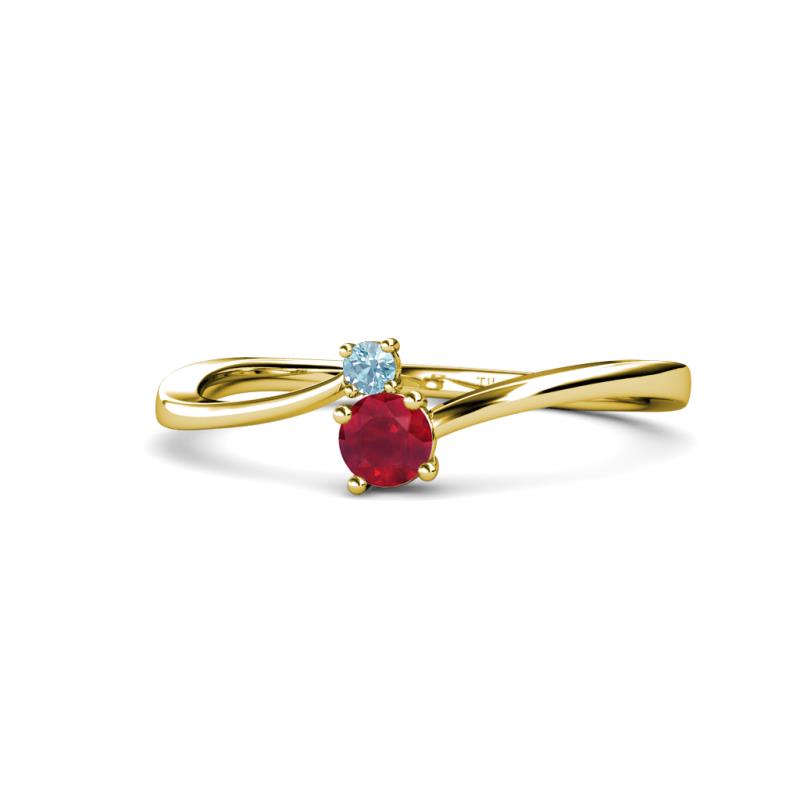 Lucie 4.10 mm Bold Round Aquamarine and Ruby 2 Stone Promise Ring 