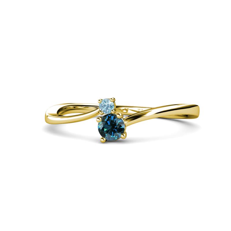 Lucie 4.10 mm Bold Round Aquamarine and Blue Diamond 2 Stone Promise Ring 