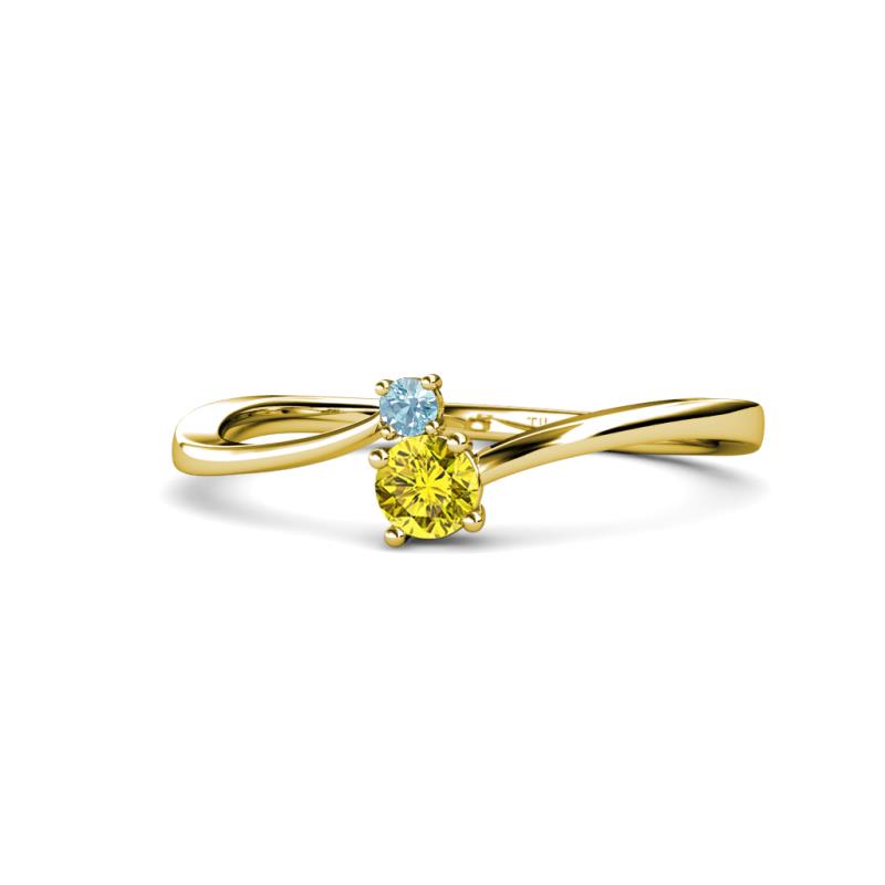 Lucie 4.10 mm Bold Round Aquamarine and Yellow Diamond 2 Stone Promise Ring 