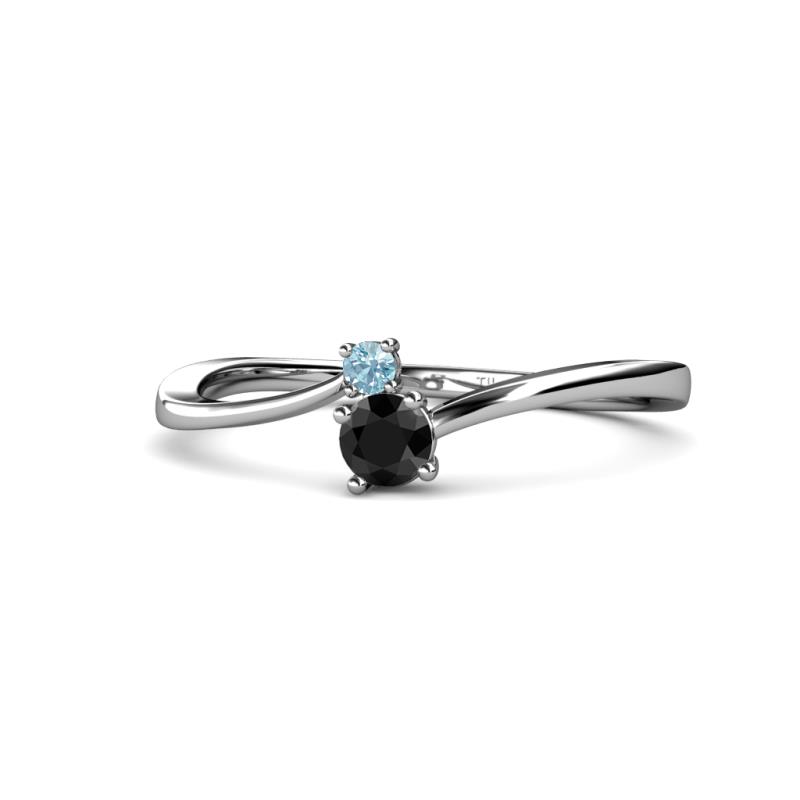 Lucie 4.10 mm Bold Round Aquamarine and Black Diamond 2 Stone Promise Ring 