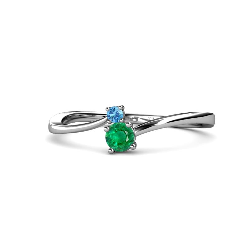 Lucie 4.10 mm Bold Round Blue Topaz and Emerald 2 Stone Promise Ring 