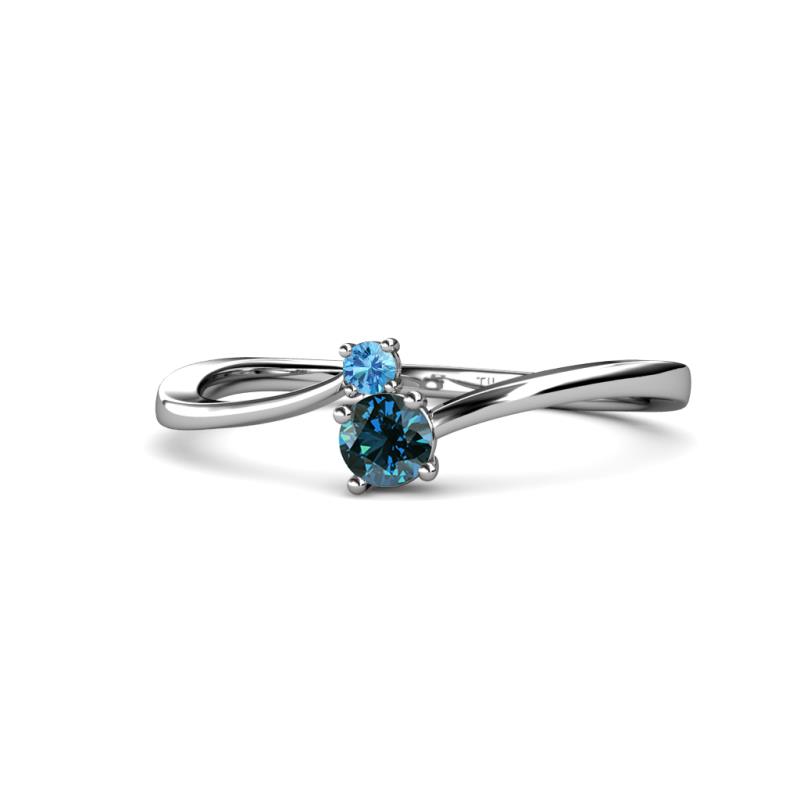 Lucie 4.10 mm Bold Round Blue Topaz and Blue Diamond 2 Stone Promise Ring 
