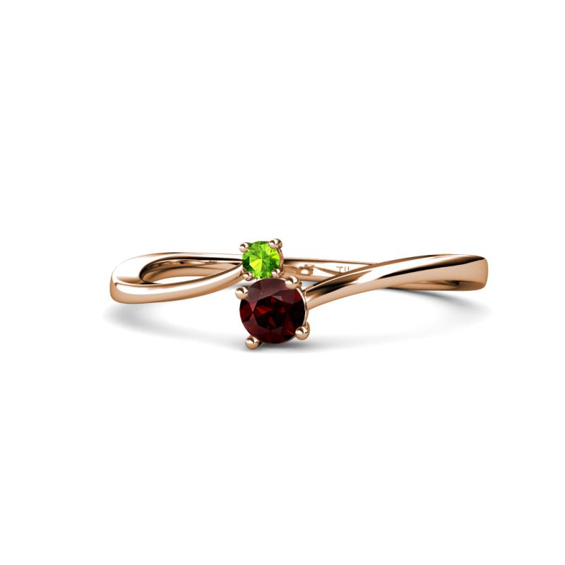 Lucie 4.10 mm Bold Round Peridot and Red Garnet 2 Stone Promise Ring 