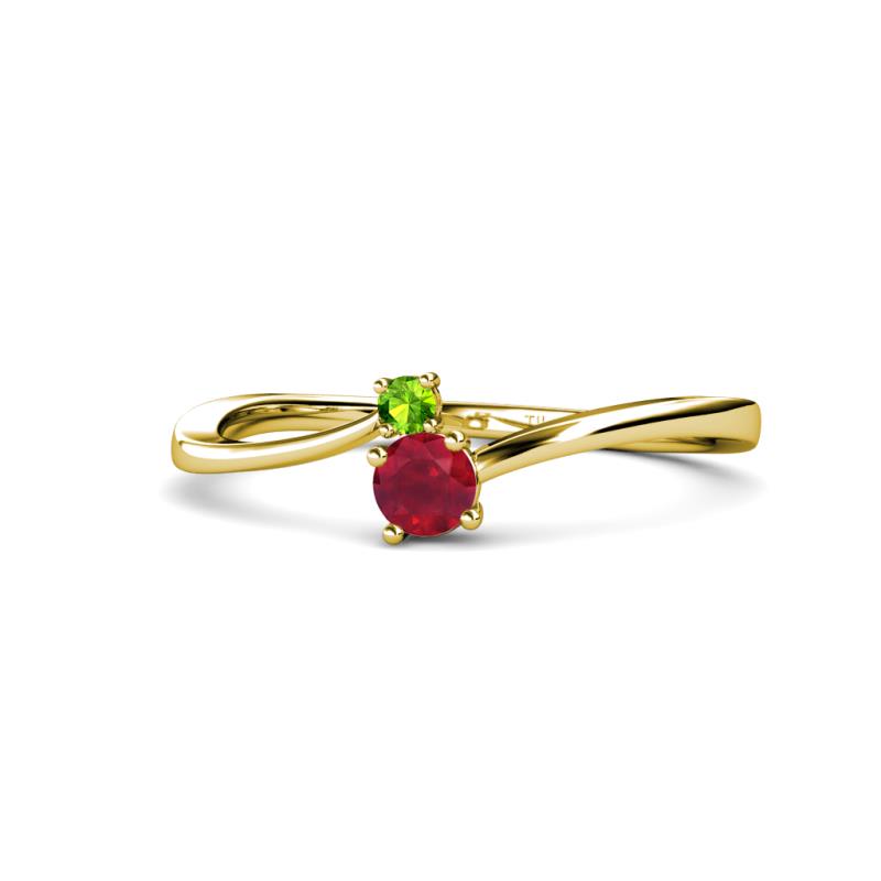 Lucie 4.10 mm Bold Round Peridot and Ruby 2 Stone Promise Ring 