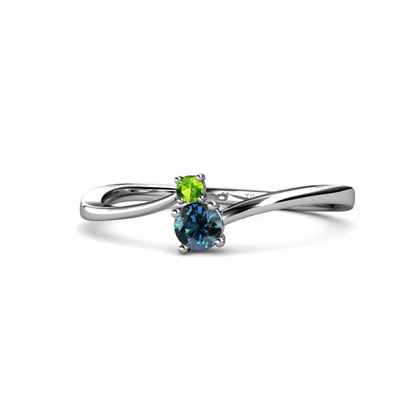 Lucie 4.10 mm Bold Round Peridot and Blue Diamond 2 Stone Promise Ring 