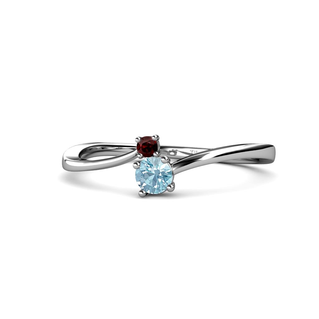 Lucie 4.10 mm Bold Round Red Garnet and Aquamarine 2 Stone Promise Ring 