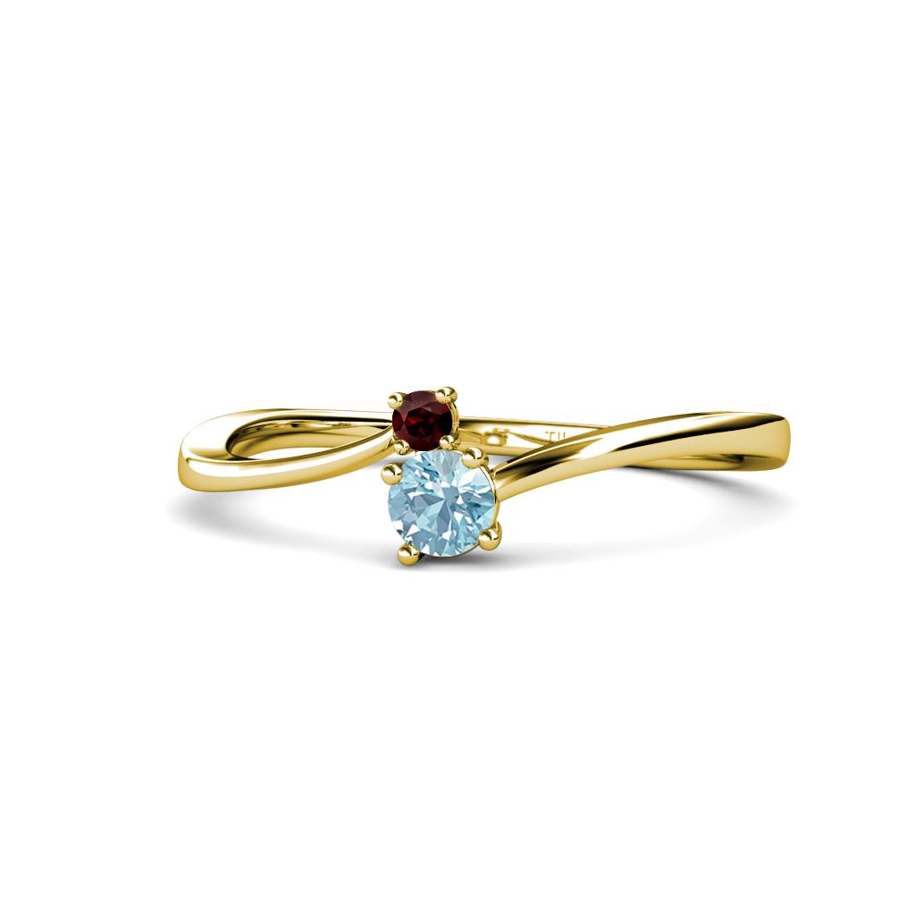 Lucie 4.10 mm Bold Round Red Garnet and Aquamarine 2 Stone Promise Ring 