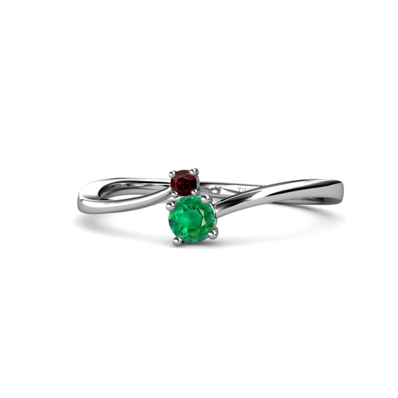 Lucie 4.10 mm Bold Round Red Garnet and Emerald 2 Stone Promise Ring 
