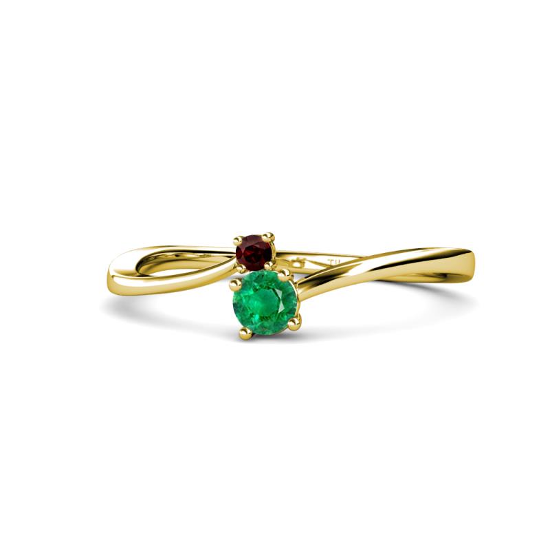 Lucie 4.10 mm Bold Round Red Garnet and Emerald 2 Stone Promise Ring 