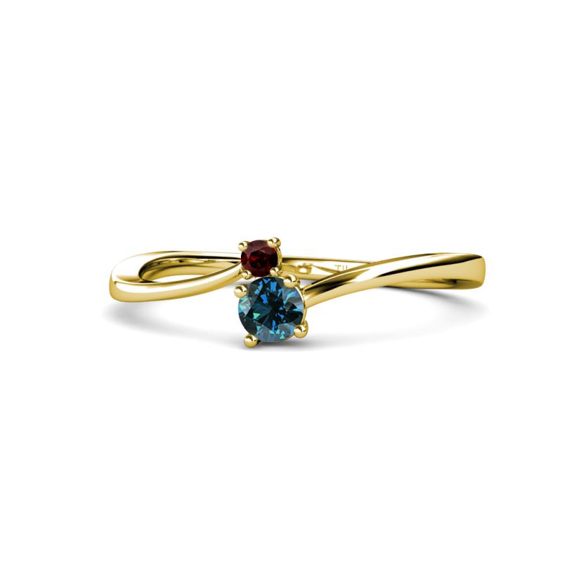 Lucie 4.10 mm Bold Round Red Garnet and Blue Diamond 2 Stone Promise Ring 