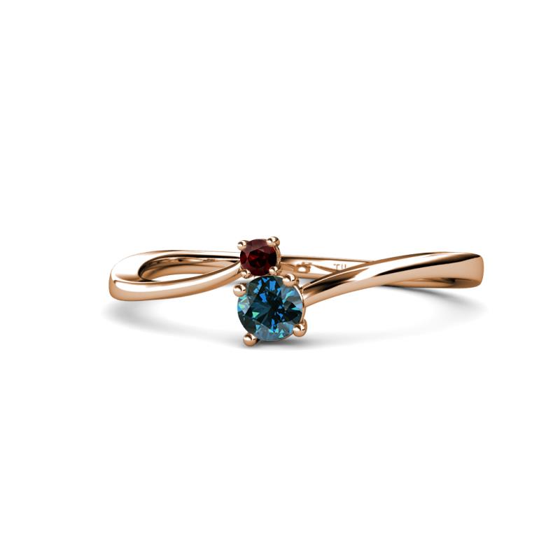 Lucie 4.10 mm Bold Round Red Garnet and Blue Diamond 2 Stone Promise Ring 