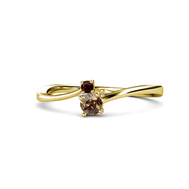 Lucie 4.10 mm Bold Round Red Garnet and Smoky Quartz 2 Stone Promise Ring 