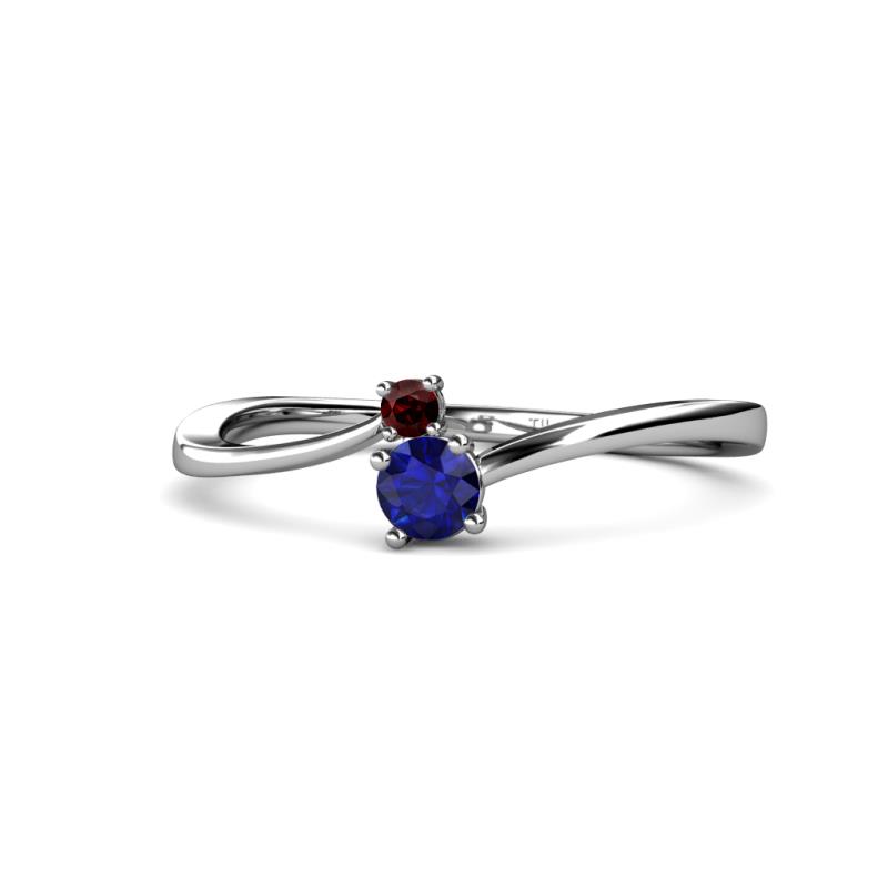 Lucie 4.10 mm Bold Round Red Garnet and Blue Sapphire 2 Stone Promise Ring 
