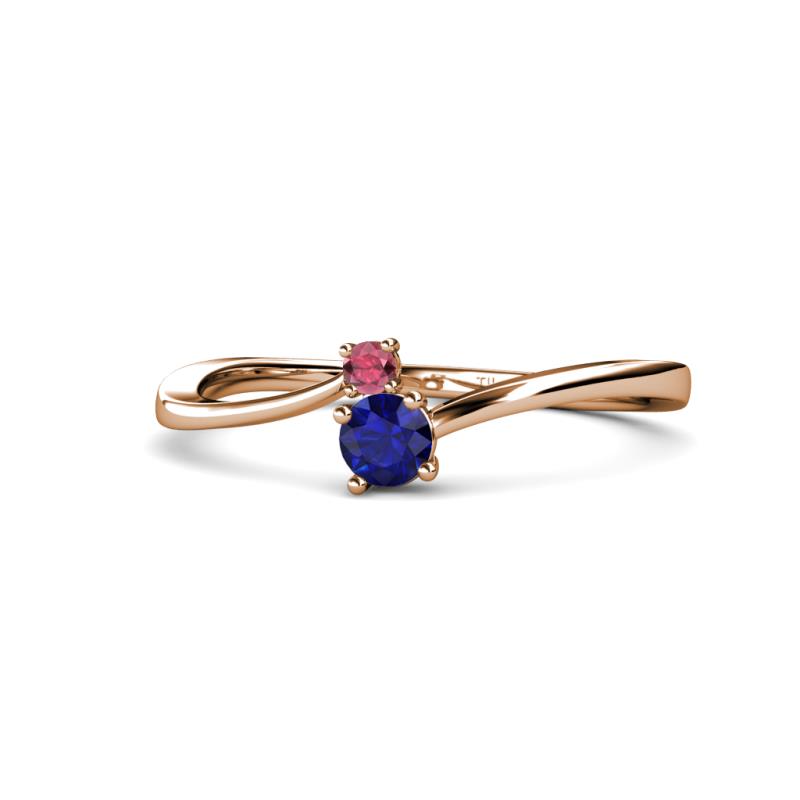 Lucie 4.10 mm Bold Round Rhodolite Garnet and Blue Sapphire 2 Stone Promise Ring 