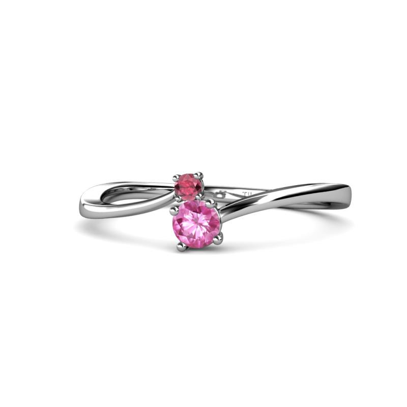 Lucie 4.10 mm Bold Round Rhodolite Garnet and Pink Sapphire 2 Stone Promise Ring 