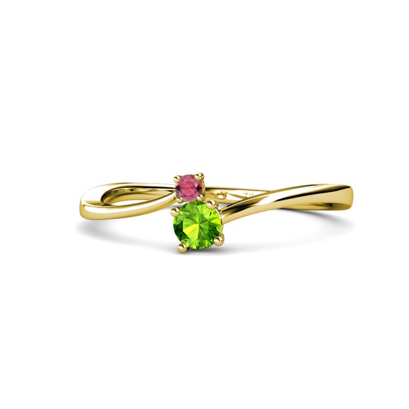 Lucie 4.10 mm Bold Round Rhodolite Garnet and Peridot 2 Stone Promise Ring 