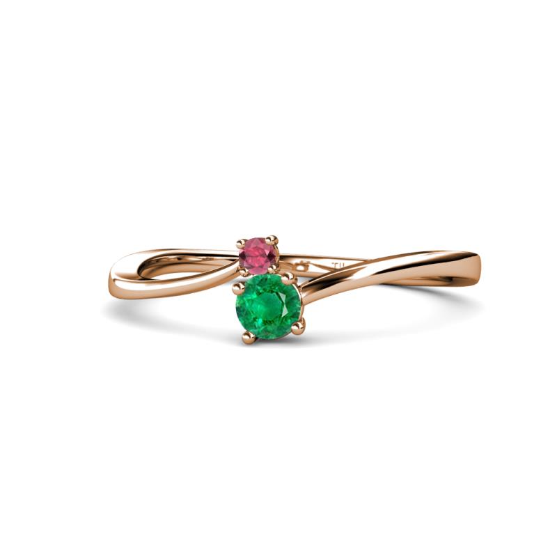Lucie 4.10 mm Bold Round Rhodolite Garnet and Emerald 2 Stone Promise Ring 
