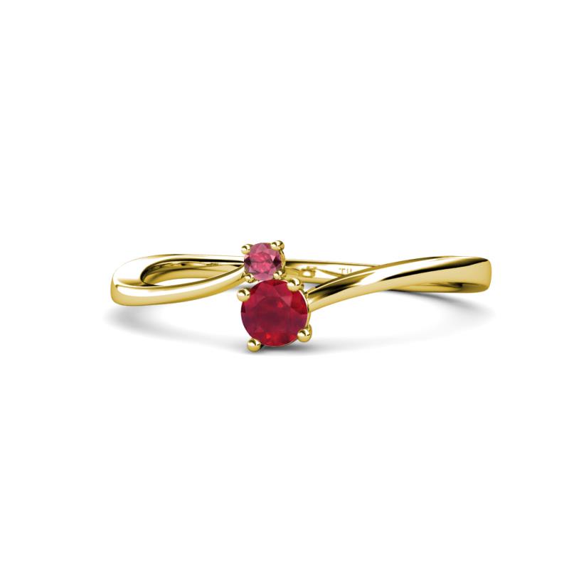 Lucie 4.10 mm Bold Round Rhodolite Garnet and Ruby 2 Stone Promise Ring 