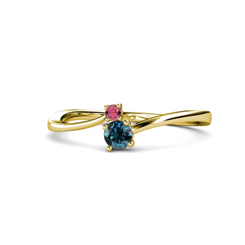 Lucie 4.10 mm Bold Round Rhodolite Garnet and Blue Diamond 2 Stone Promise Ring 