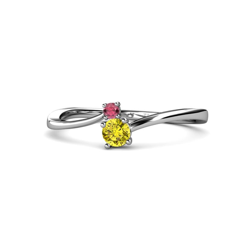 Lucie 4.10 mm Bold Round Rhodolite Garnet and Yellow Diamond 2 Stone Promise Ring 