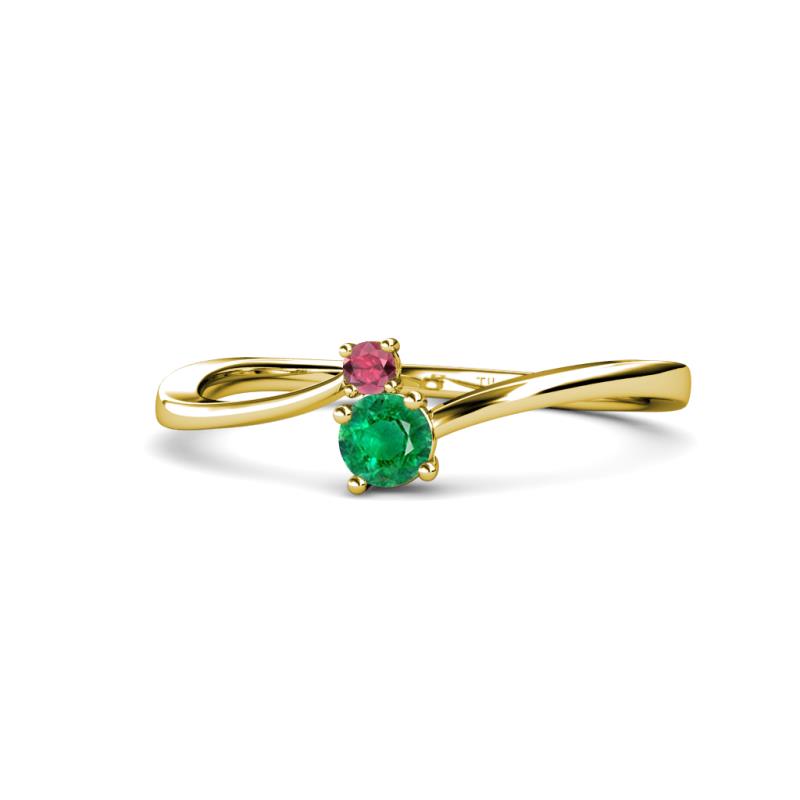 Lucie 4.10 mm Bold Round Rhodolite Garnet and Emerald 2 Stone Promise Ring 