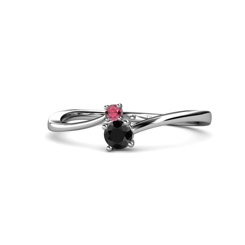 Lucie 4.10 mm Bold Round Rhodolite Garnet and Black Diamond 2 Stone Promise Ring 