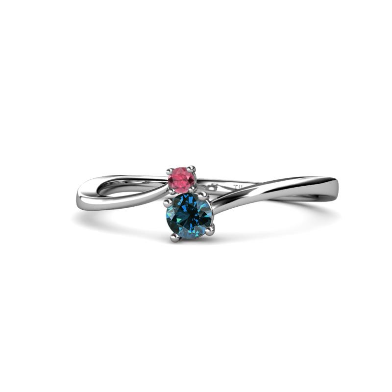 Lucie 4.10 mm Bold Round Rhodolite Garnet and Blue Diamond 2 Stone Promise Ring 