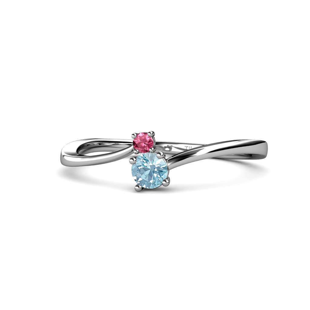 Lucie 4.10 mm Bold Round Pink Tourmaline and Aquamarine 2 Stone Promise Ring 