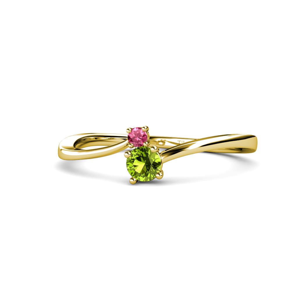 Lucie 4.10 mm Bold Round Pink Tourmaline and Peridot 2 Stone Promise Ring 