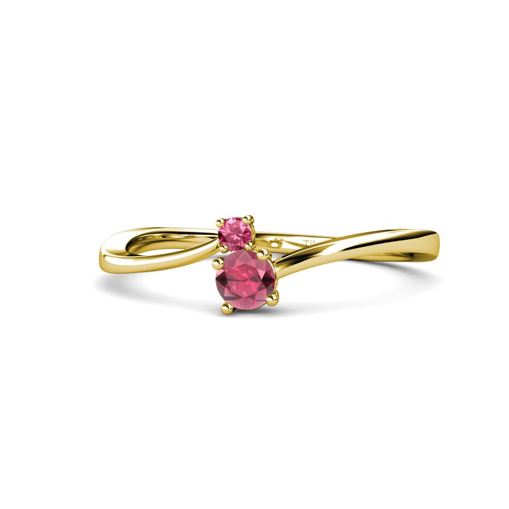 Lucie 4.10 mm Bold Round Pink Tourmaline and Rhodolite Garnet 2 Stone Promise Ring 