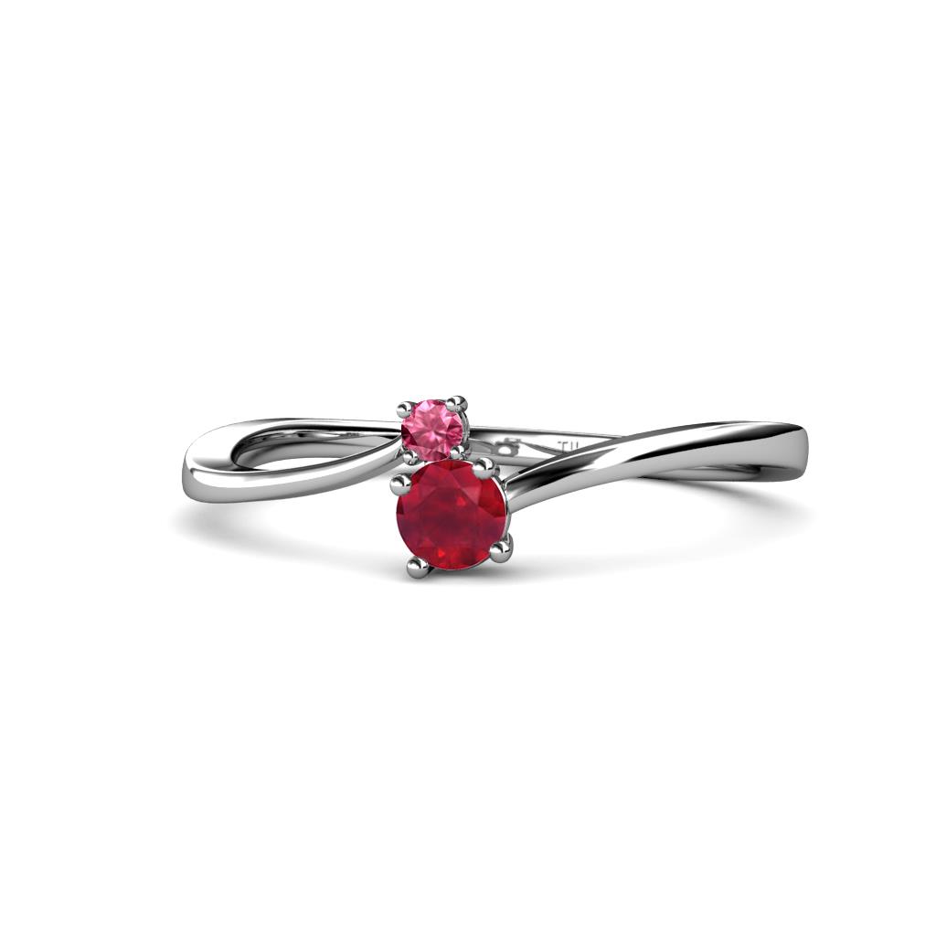 Lucie 4.10 mm Bold Round Pink Tourmaline and Ruby 2 Stone Promise Ring 