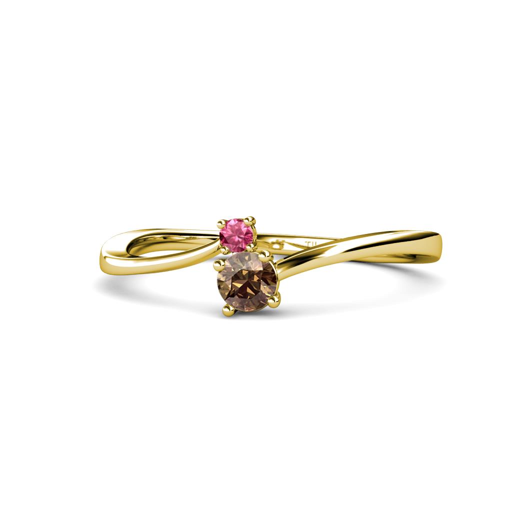 Lucie 4.10 mm Bold Round Pink Tourmaline and Smoky Quartz 2 Stone Promise Ring 