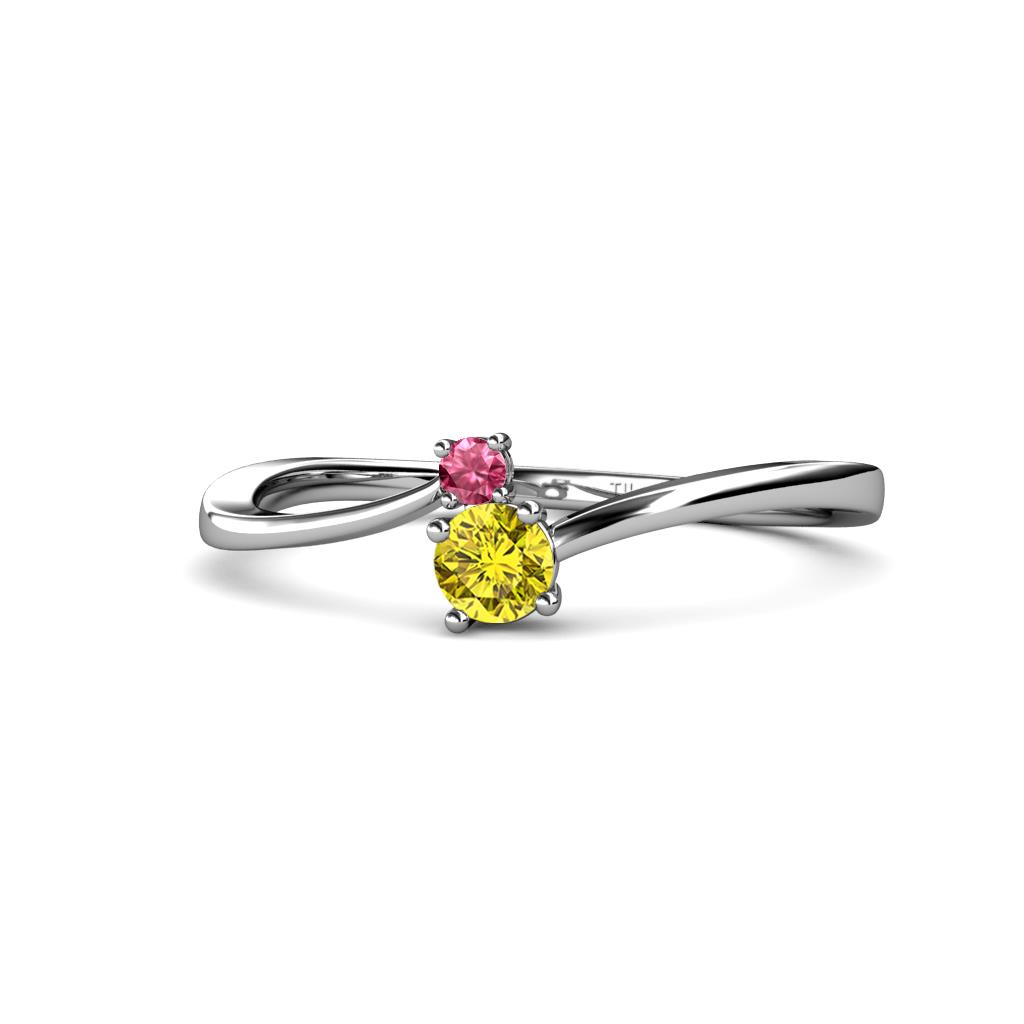 Lucie 4.10 mm Bold Round Pink Tourmaline and Yellow Diamond 2 Stone Promise Ring 