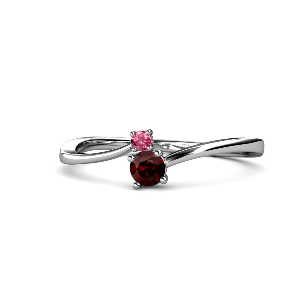 Lucie 4.10 mm Bold Round Pink Tourmaline and Red Garnet 2 Stone Promise Ring 
