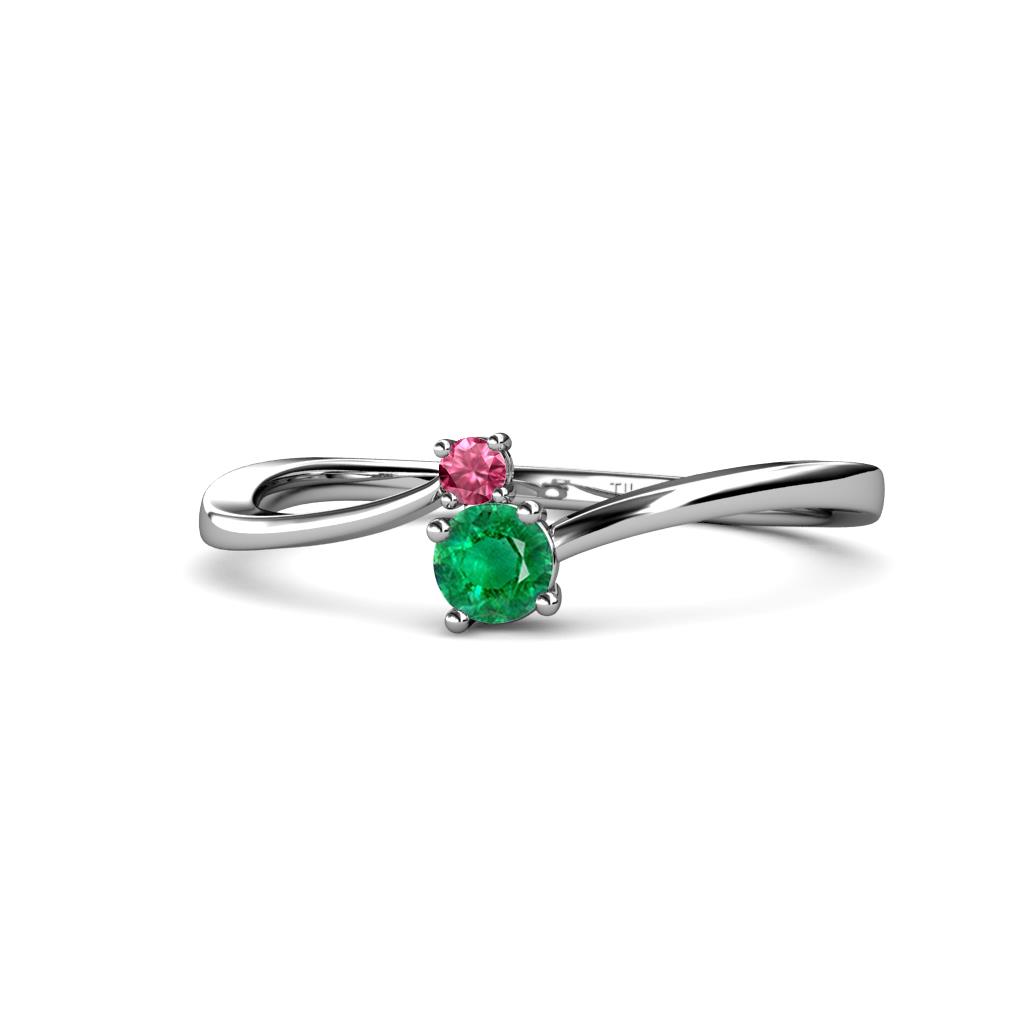 Lucie 4.10 mm Bold Round Pink Tourmaline and Emerald 2 Stone Promise Ring 