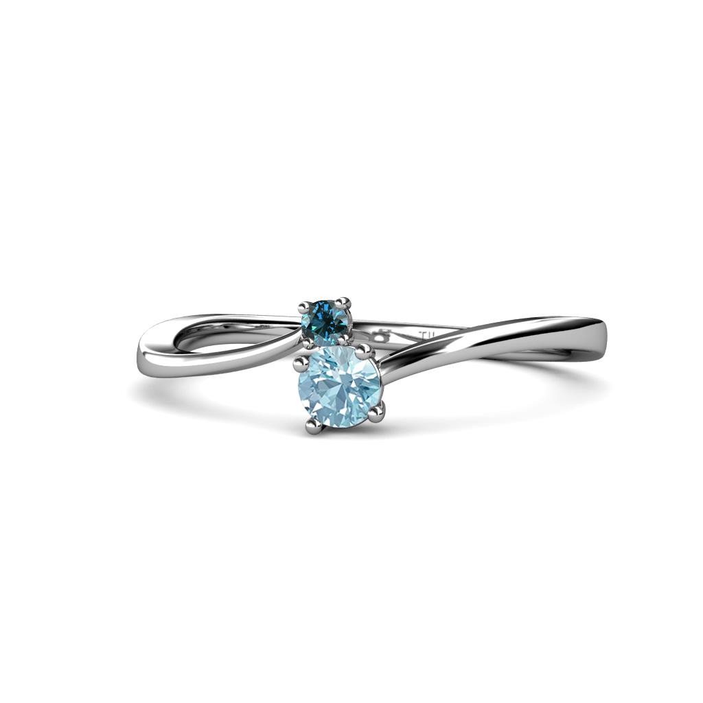 Lucie 4.10 mm Bold Round Blue Diamond and Aquamarine 2 Stone Promise Ring 