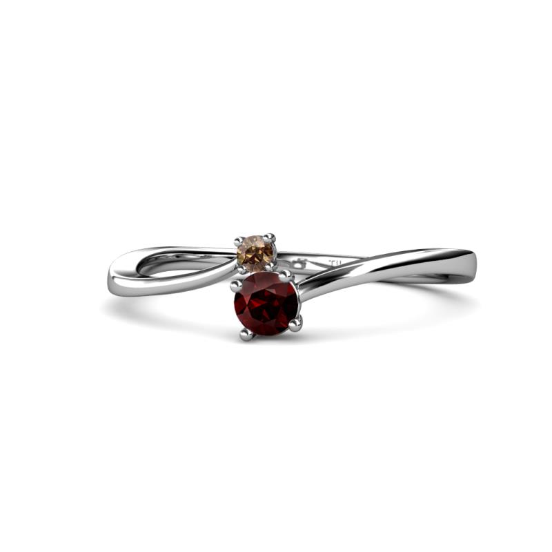 Lucie 4.10 mm Bold Round Smoky Quartz and Red Garnet 2 Stone Promise Ring 