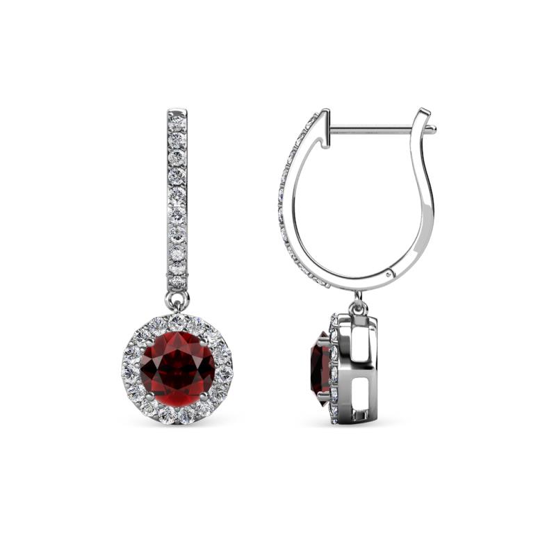 Ilona (5mm) Round Red Garnet and Diamond Halo Dangling Earrings 