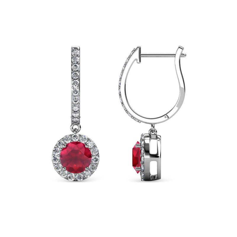 Ilona (5mm) Round Ruby and Diamond Halo Dangling Earrings 