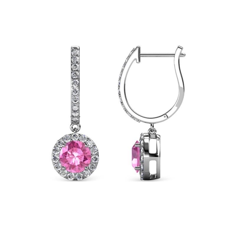 Ilona (5mm) Round Lab Created Pink Sapphire and Diamond Halo Dangling Earrings 